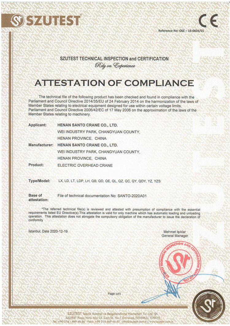 Porcelana HENAN SANTO CRANE CO.,LTD Certificaciones